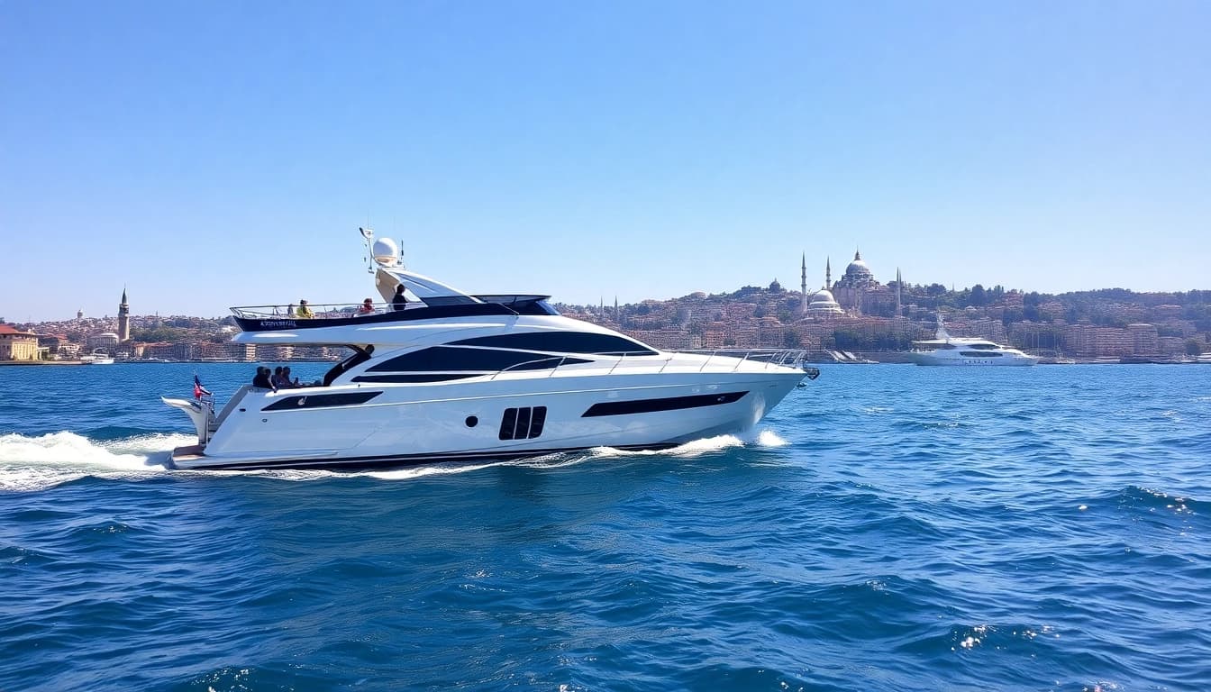 Erleben Sie die Istanbul Bosphorus cruises mit einer eleganten Yacht vor der Skyline von Istanbul.