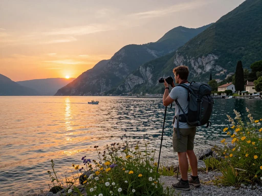 Wanderer genießt Gardasee Reisetipps bei Sonnenuntergang und fängt atemberaubende Aussichten am Ufer ein.