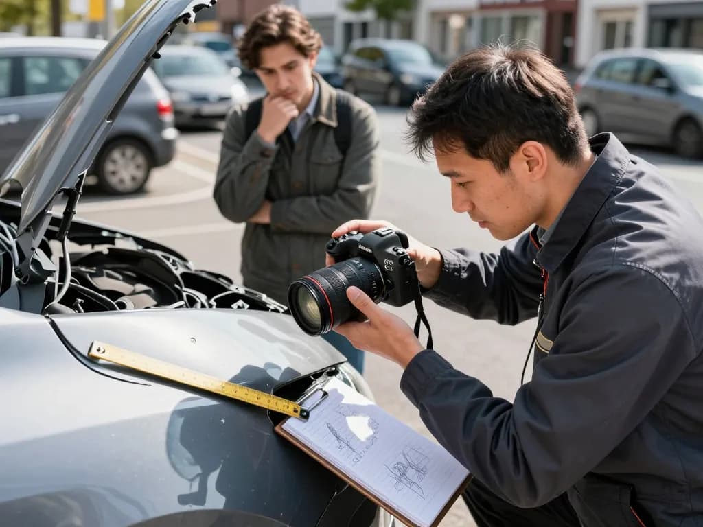 KFZ Gutachter Bonn prüft Fahrzeugschäden mit professioneller Ausrüstung während einer Unfallbewertung.
