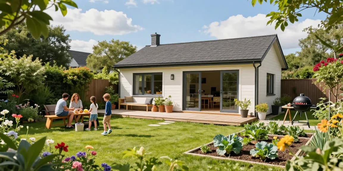 Gemütliches Garten Haus umgeben von blühenden Pflanzen und einer Familie, die den Garten genießt.
