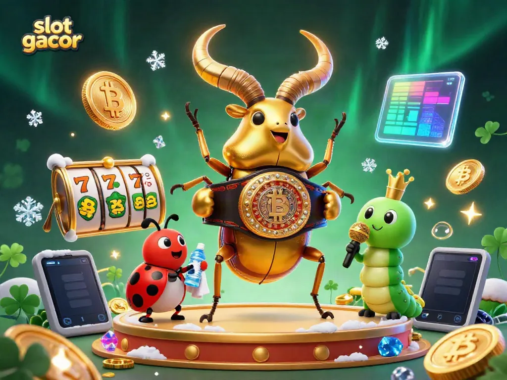 Engage with slot gacor action featuring a golden stag beetle and vibrant casino elements.