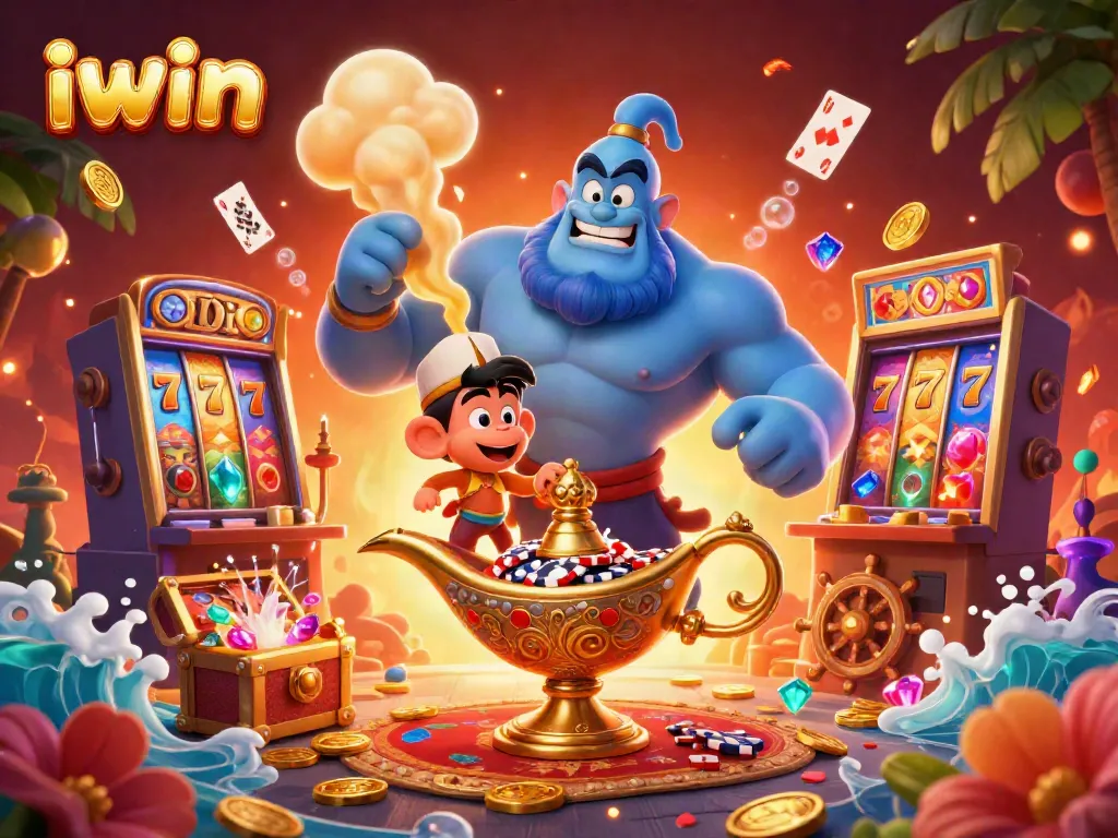 Engage with iwin's exhilarating slot machines and magical characters in this vibrant illustration.
