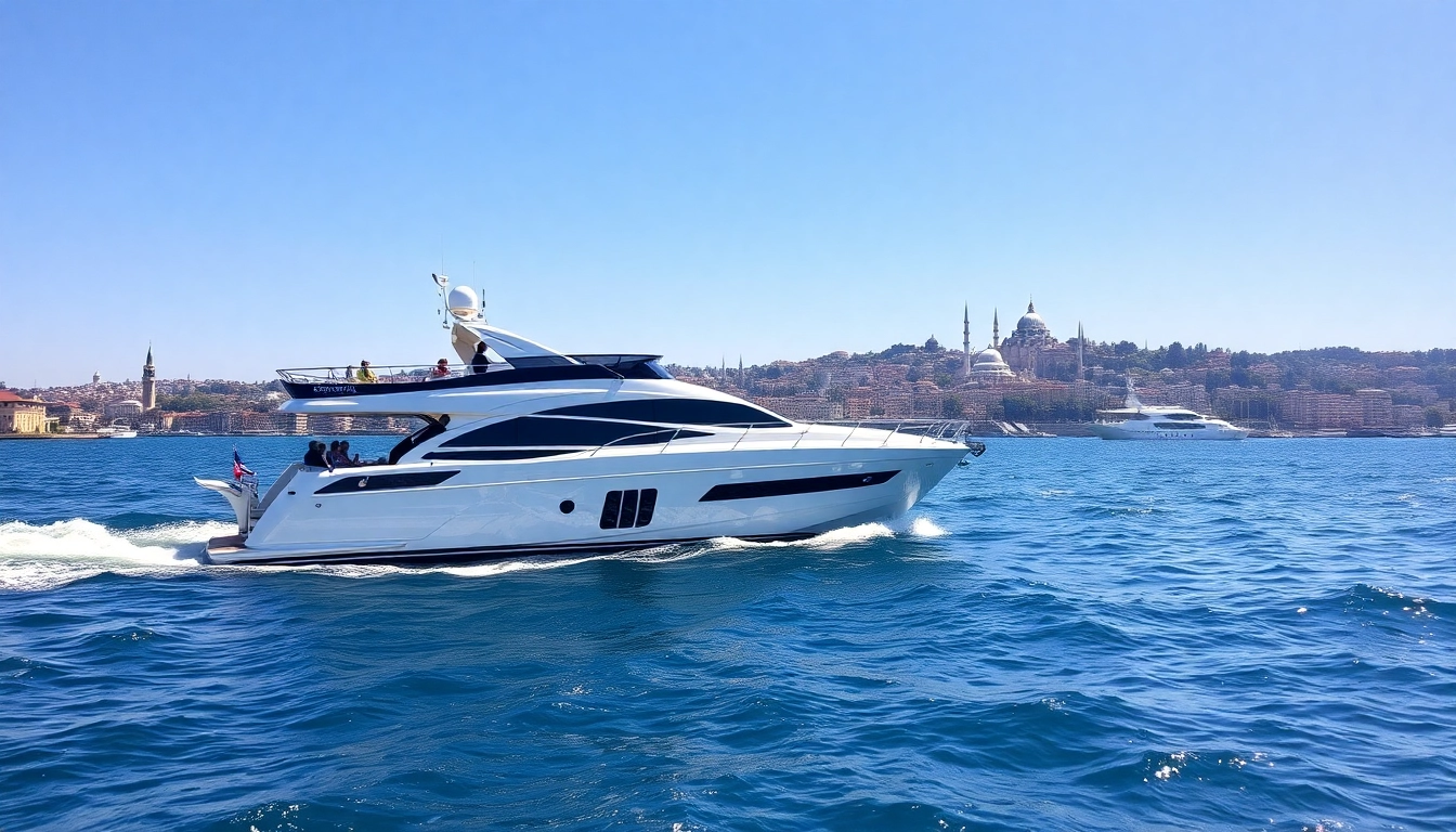 Erleben Sie die Istanbul Bosphorus cruises mit einer eleganten Yacht vor der Skyline von Istanbul.