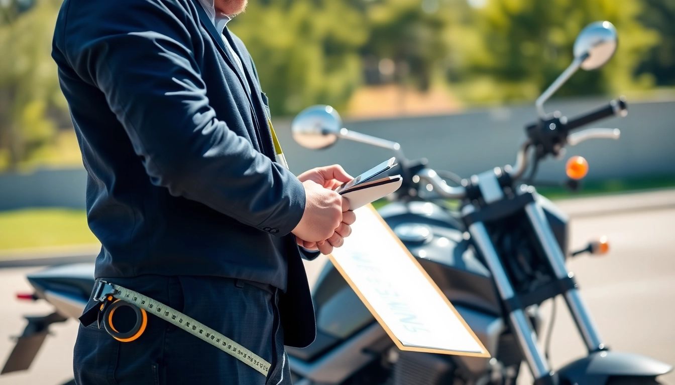 Motorrad Gutachter prüft ein Motorrad im Freien mit professionellen Werkzeugen.