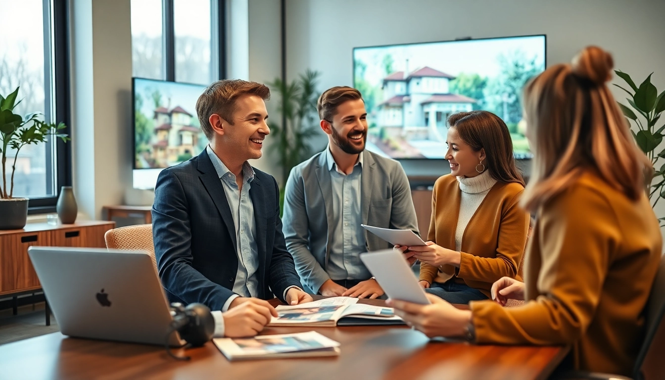 Immobilienmakler Frankfurt Ginnheim - professioneller Immobilienmakler berät ein Paar in modernem Büro.