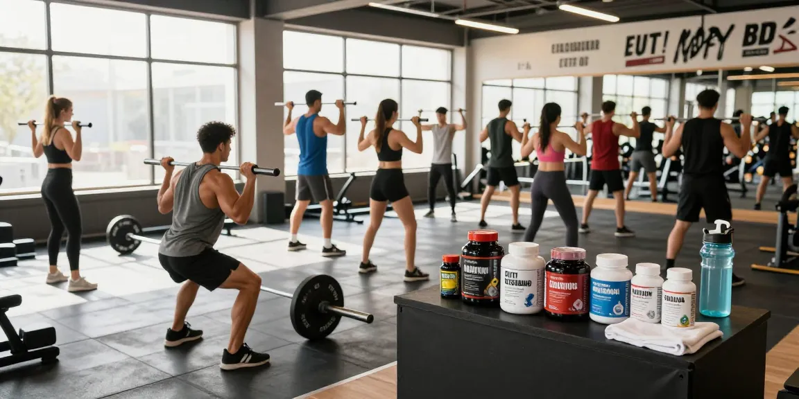 Starker Fitness-Trainingsmoment mit Steroidshop Produkten im Hintergrund.