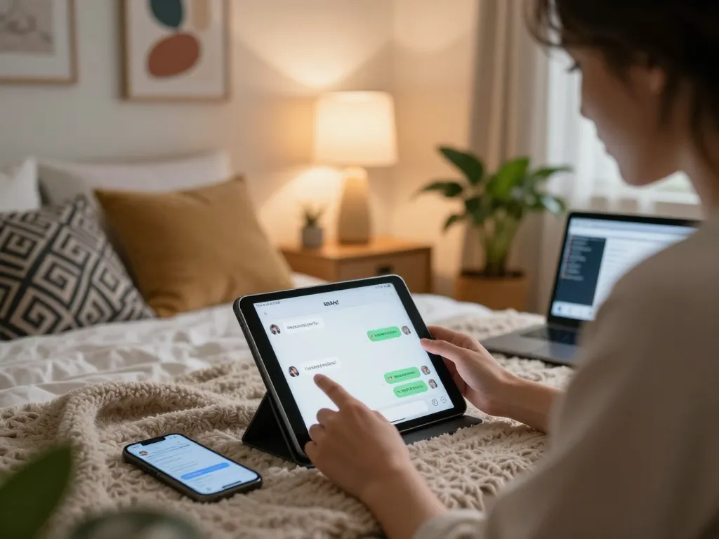 User interacting with an NSFW chat bot on a tablet in a cozy bedroom, showcasing modern digital engagement.