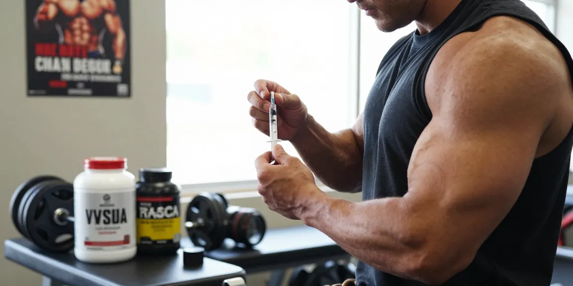 Bodybuilder im Anabolika Shop bereit für Steroidinjektion im Fitnessstudio.