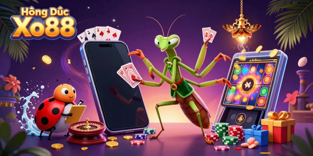 Experience the excitement of gambling with Hướng Dẫn Xo88 illustrated in a vibrant casino scene filled with cards and coins.