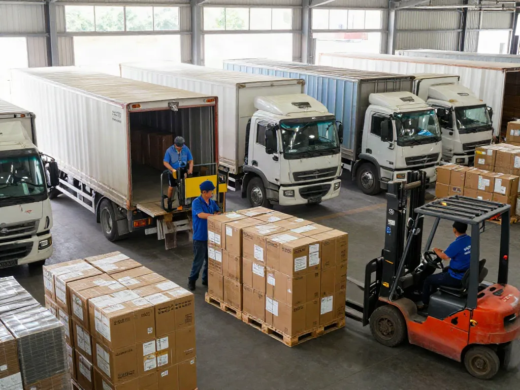 Logistikszene einer Speditionsfirma in Bielefeld mit Lkw und Lagereinheiten.