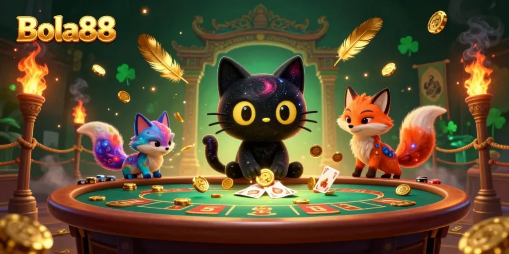 Engage with the vibrant cosmic casino scene showcasing Bola88's unique gaming features and character dynamics.