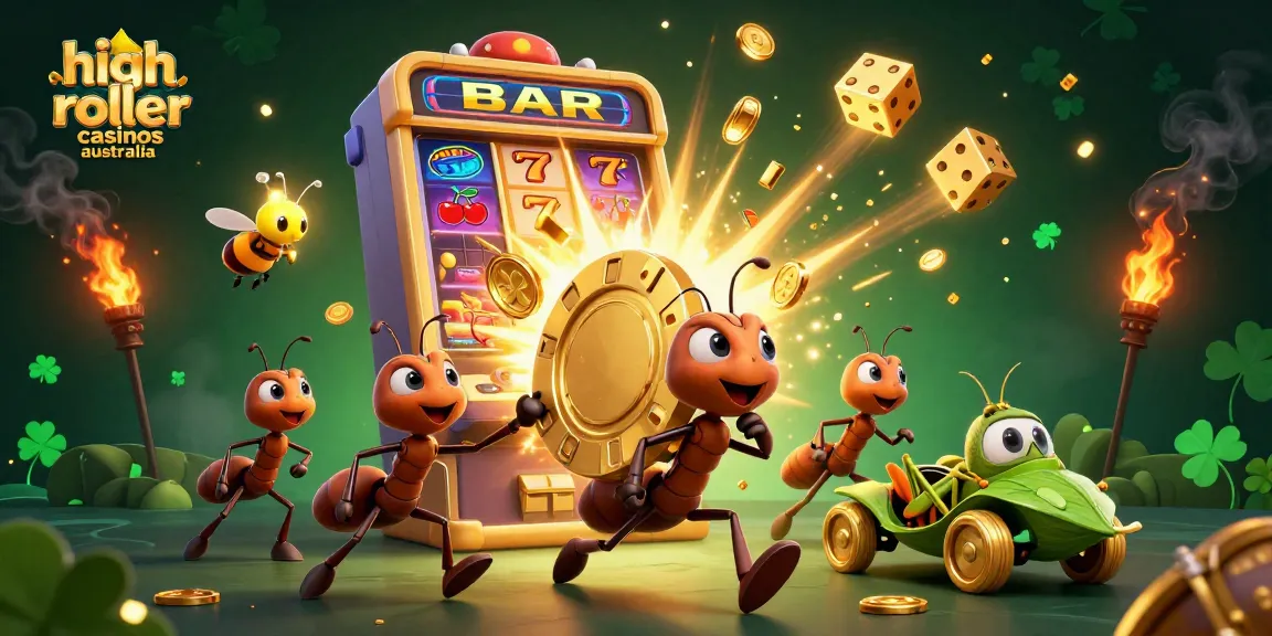 Experience top high roller casinos Australia with 3D ants heisting a giant poker chip amidst casino chaos.