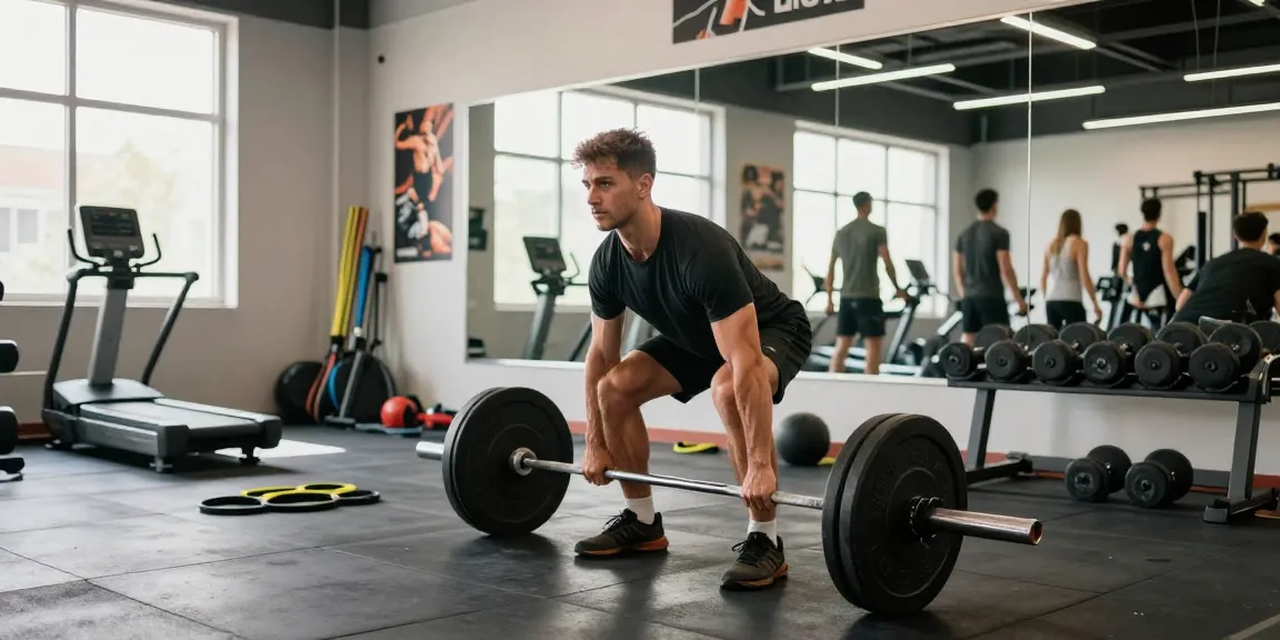 Anabolika Shop - Athlet beim Deadlifting im Fitnessstudio mit motivierender Atmosphäre und moderner Ausrüstung.