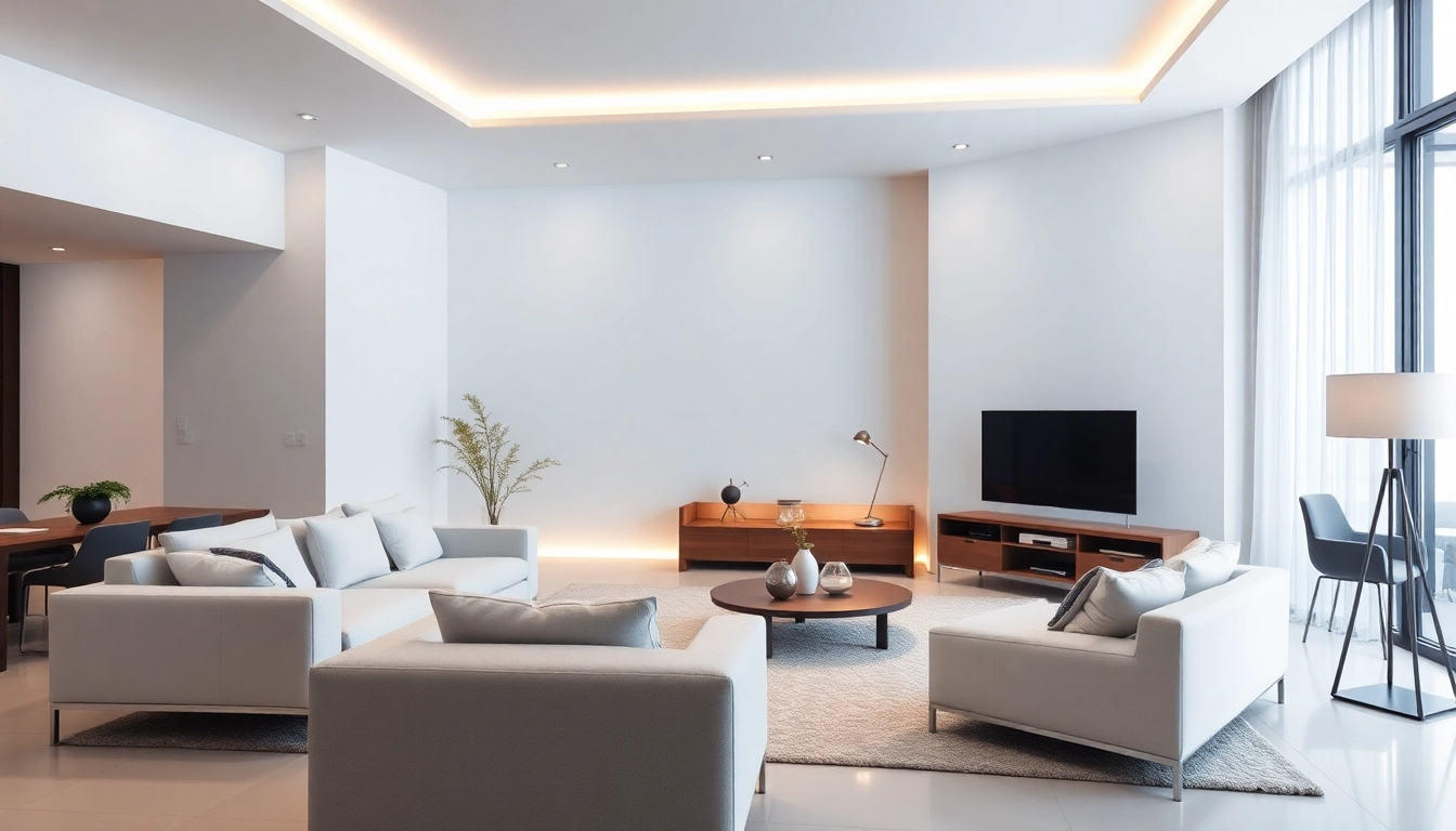 Luxury living room featuring modern decor, soft lighting, and elegant furnishings for an inviting atmosphere.