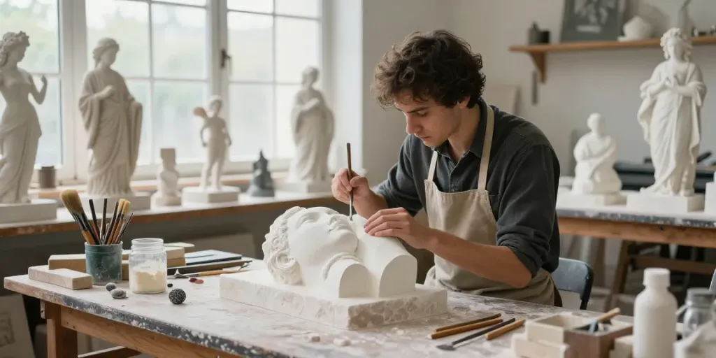 Detailansicht einer Skulpturen Bau-Arbeitsumgebung, in der ein Künstler an einer lebensgroßen Skulptur arbeitet.