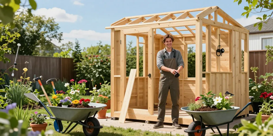 Gartenhaus kaufen: DIY-Projekt mit Holz-Gartenhaus im Garten, umgeben von Werkzeugen und Blumen.