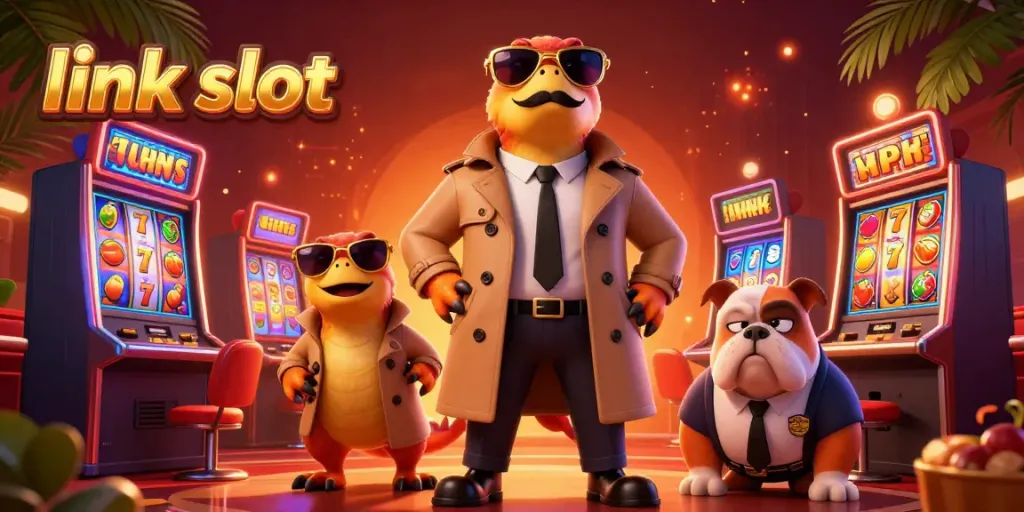 Three raptors in a trench coat attempting to enter a VIP casino lounge amidst vibrant slot machines, showcasing the thrilling gambling atmosphere centered around link slot.