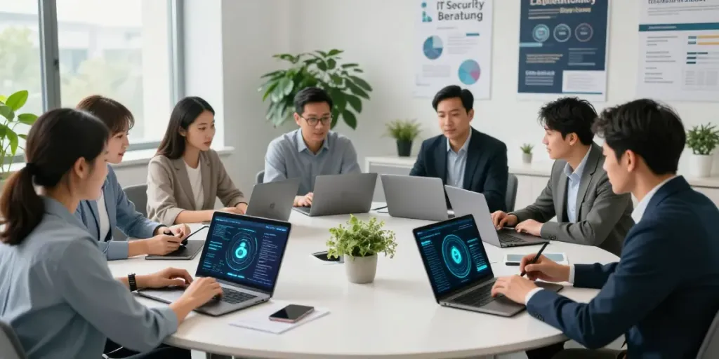 Aktives Teammeeting zur IT-Sicherheitsberatung mit professionellen IT-Sicherheitsexperten und Laptops.