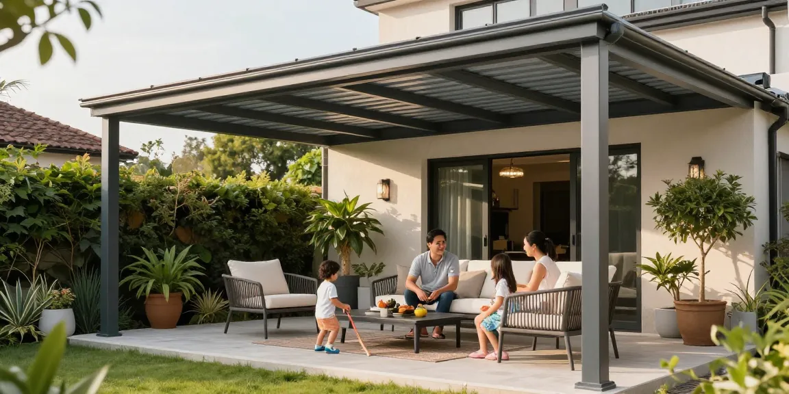 Moderne Terrassenüberdachung mit Familie im Freien genießen.