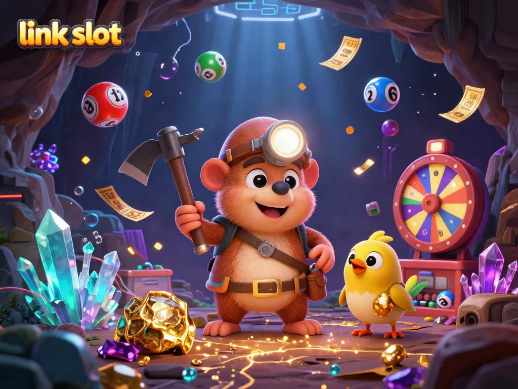Engage with link slot gameplay featuring a treasure hunter mole and vibrant casino elements in a dynamic 3D scene.