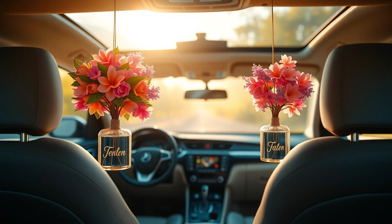 Personalisierte Duftbäume schön dekoriert in einem Auto, strahlend und farbenfroh.