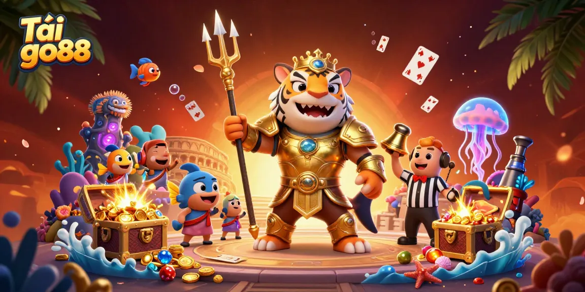 Tải go88 with a fierce golden gladiator shark in an underwater casino surrounded by treasure and vibrant aquatic elements.