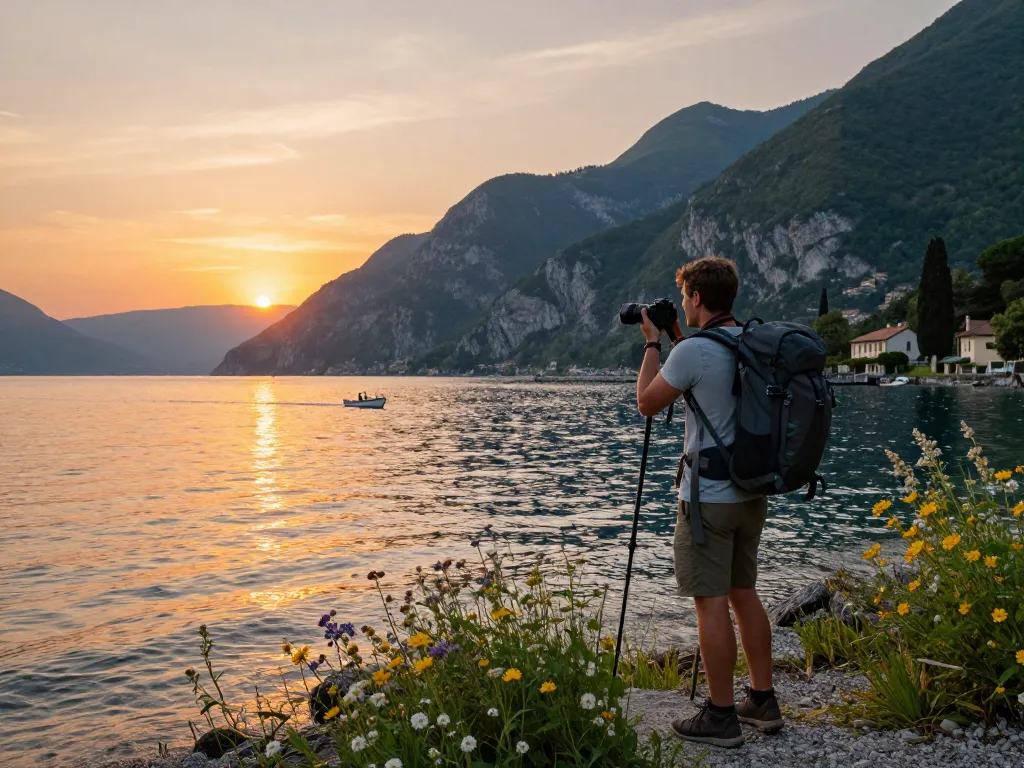 Wanderer genießt Gardasee Reisetipps bei Sonnenuntergang und fängt atemberaubende Aussichten am Ufer ein.