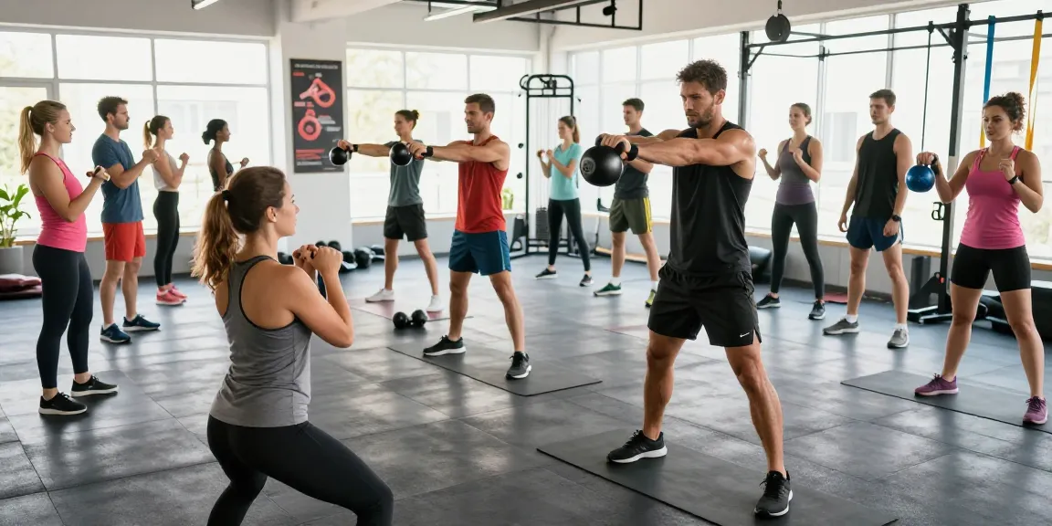 Aktive Gruppe im Selliza Pharma Shop Fitnessstudio, die gemeinsame Übungen macht und Gesundheit fördert.