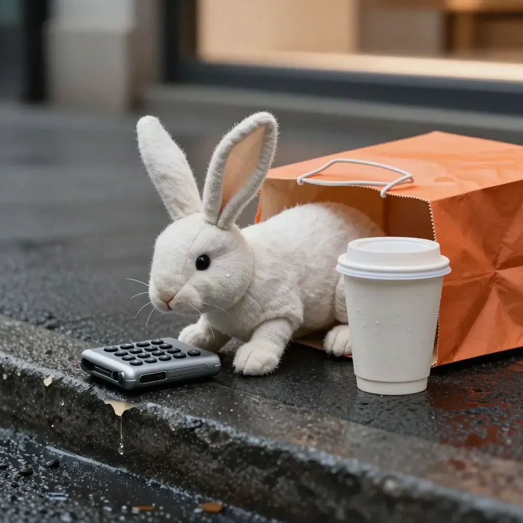 Weißer Stoffhase springt aus einer orangenen Tüte neben Recorder und umgekipptem Becher im Regen.