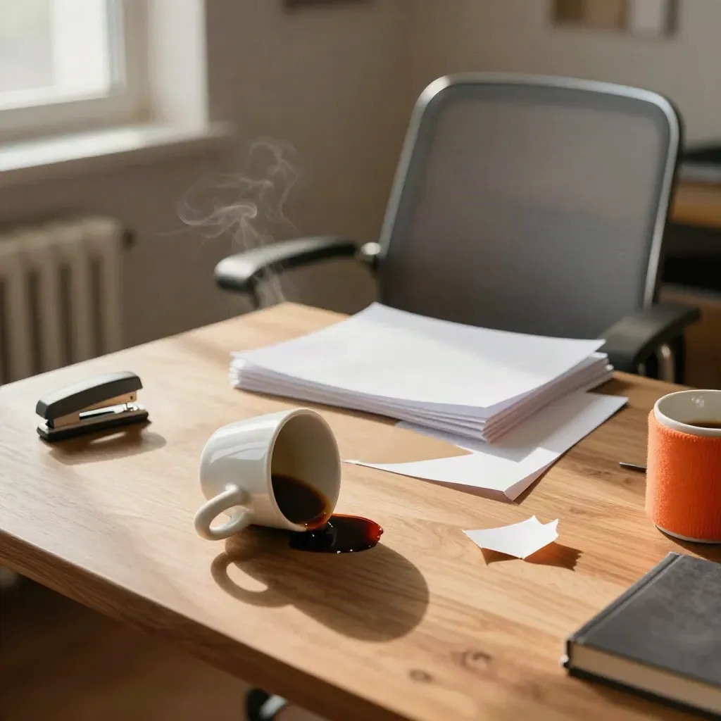 Übervoller Schreibtisch mit Kaffeebecher, schiefem Stuhl und Papierstapel im Morgenlicht.