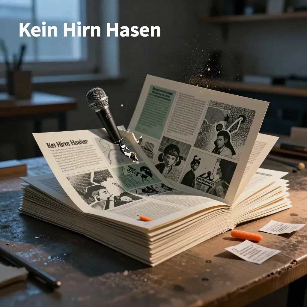 Gestapelte Satire-Zines, Meme-Collagen und Mikrofon auf dunklem Karton im dramatischen Licht.