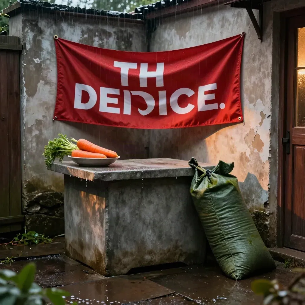 Leerer Wahlkampfstand im nassen Hinterhof mit Karottenschale und schiefem Banner