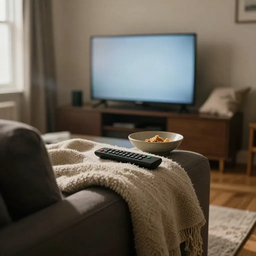 Gemütliches Wohnzimmer mit flackerndem Fernseher, Fernbedienung, Snacks und Wolldecke im warmen Abendlicht.