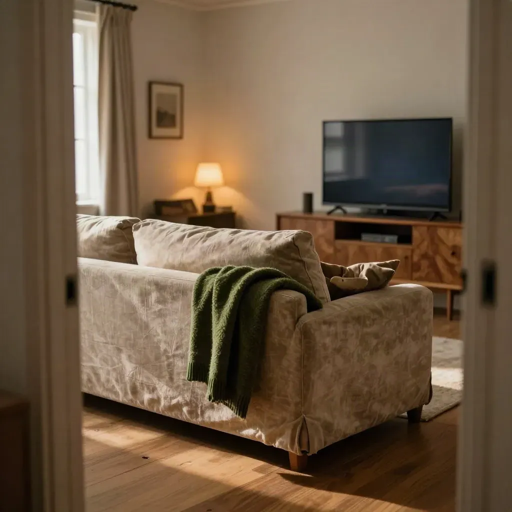 Abgenutztes Sofa, Fellwurfdecke, Snackschale und flackernder Fernseher im warmen Wohnzimmer.