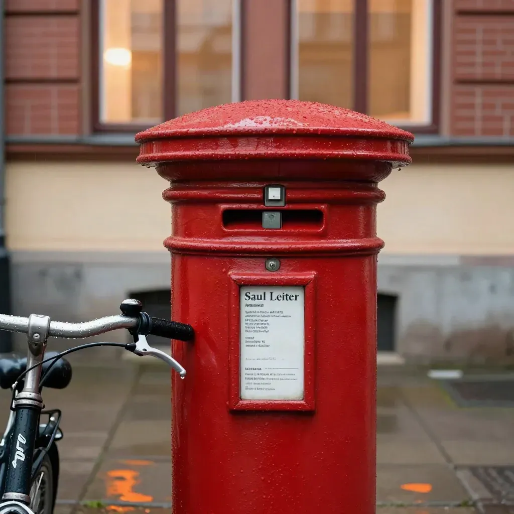 Roter Berliner Briefkasten vor Altbau mit nassem Fahrradlenker im Regen.