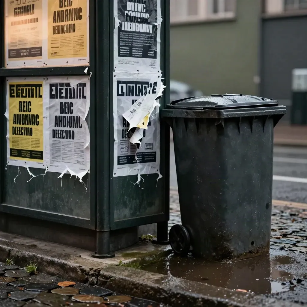 Wind zerreißt ein Wahlplakat am Kioskzaun neben umgekippter Tonne auf nassem Pflaster.