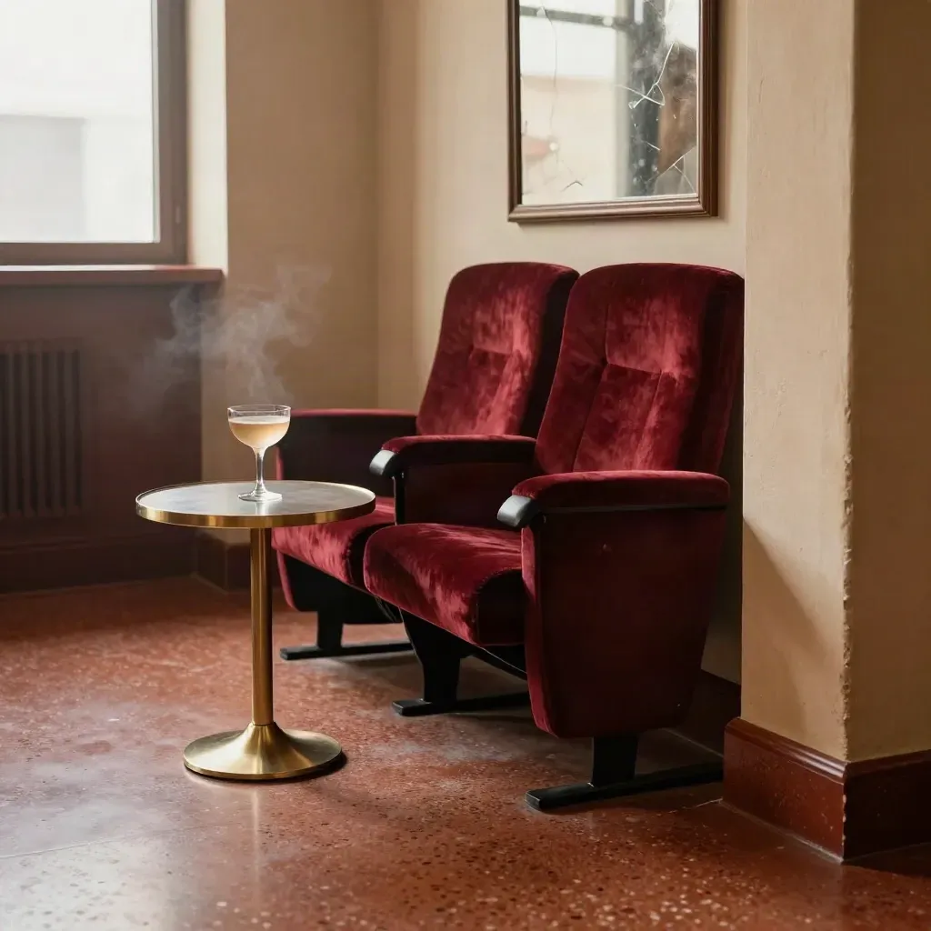Leerer Kinosaal mit rotem Sitz, zerkratztem Spiegel und Cocktailtisch im Foyer.