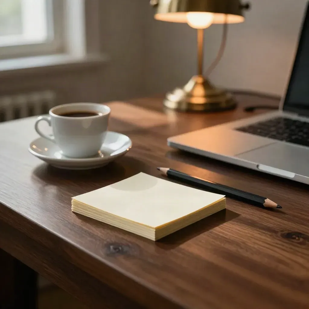Dunkler Schreibtisch mit Karteikarten, Bleistift, Espresso und zugeklapptem Laptop.