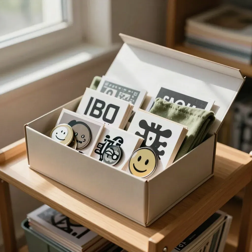 Offene Archivbox mit Meme-Stickern, Buttons, Karten und grünem Tuch im warmen Licht