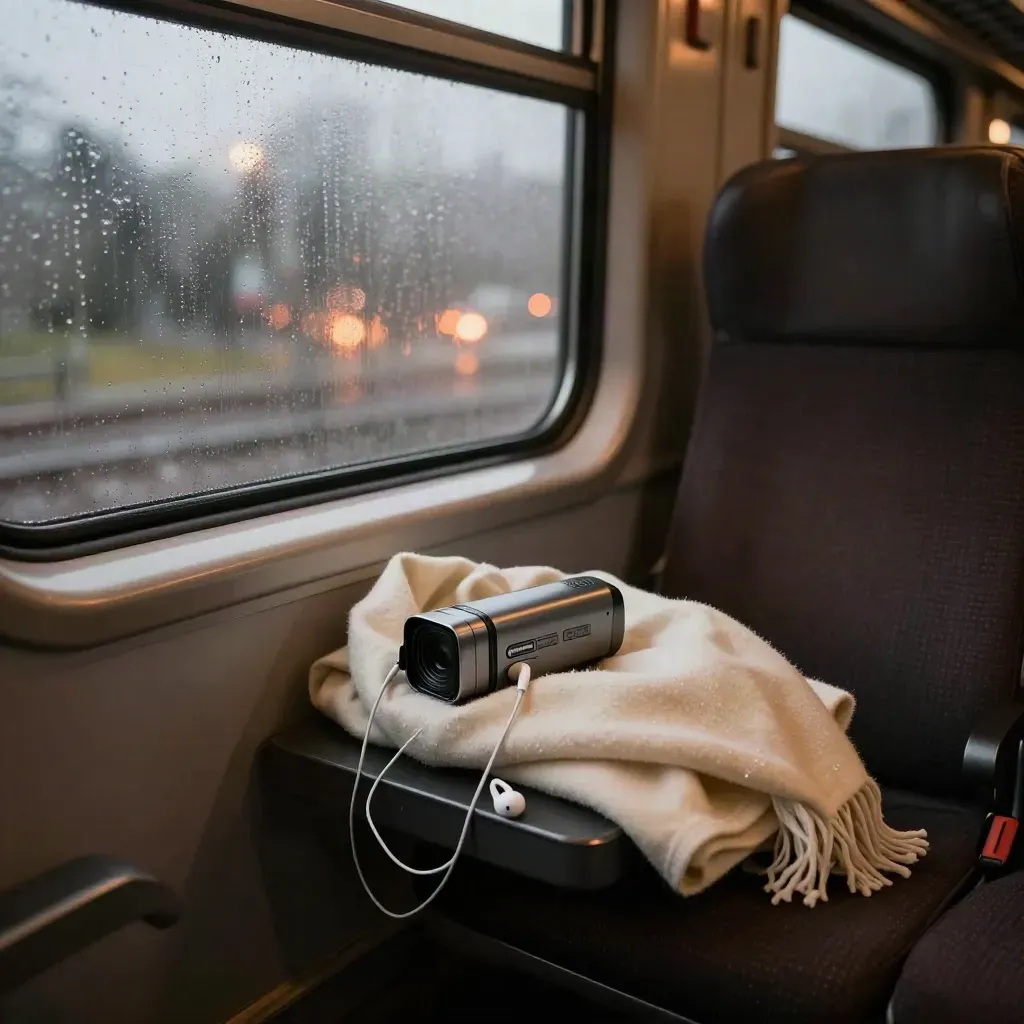 Recorder, Ohrhörer und Schal auf einem beschlagenen Zugfensterplatz im Regen.