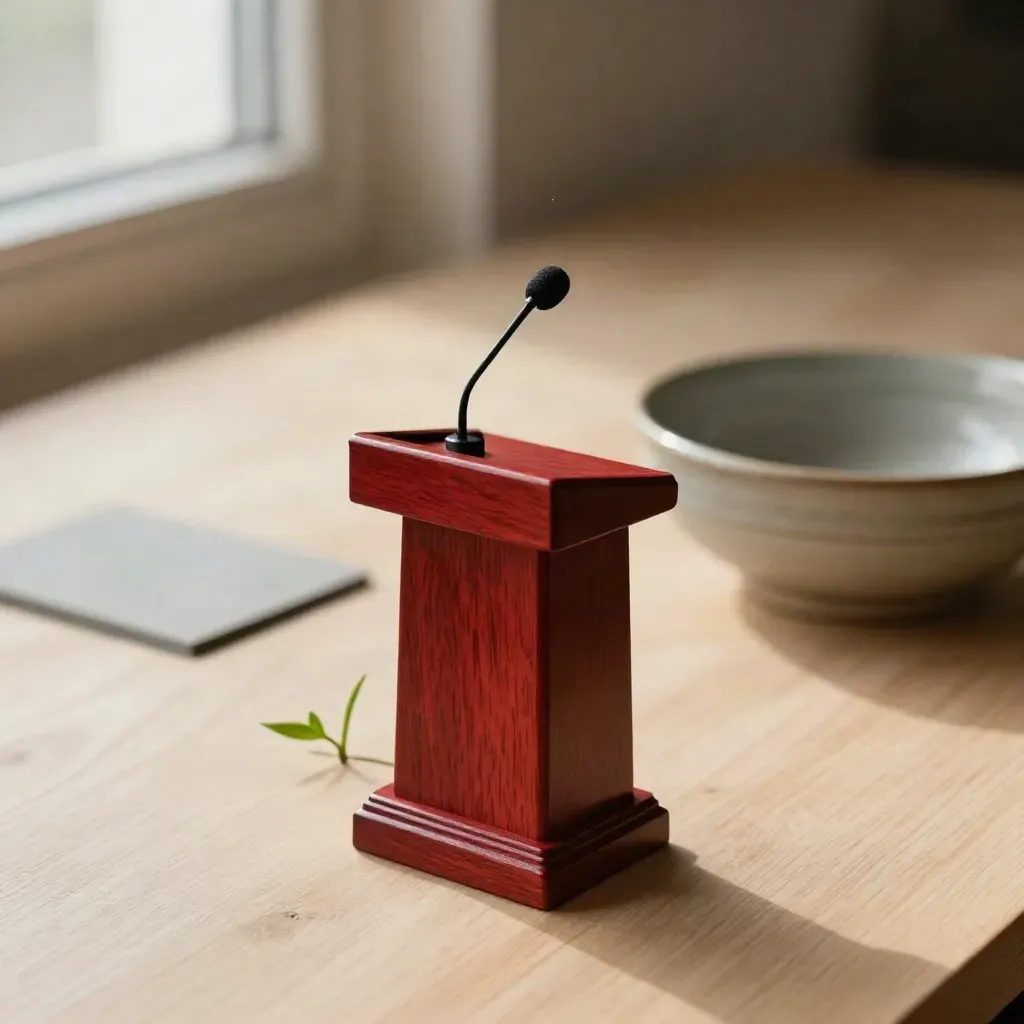 Rotes Mini-Podium mit Mikrofon, Pflanzentrieb und Keramikschale auf hellem Holz.