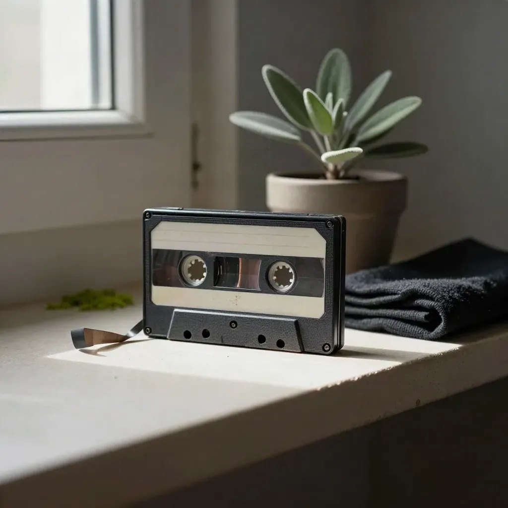 Abgenutzte VHS-Kassette mit Band, kleiner Pflanze und dunkler Stoffbahn auf hellem Regal.
