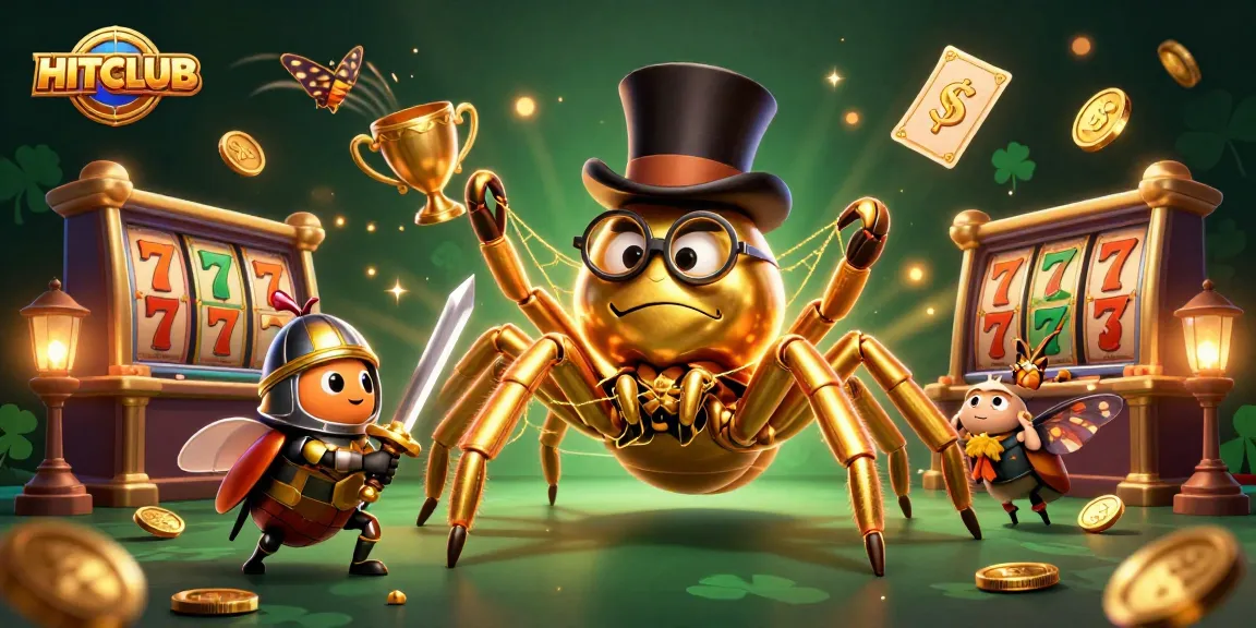 HITCLUB showcases a vibrant 3D casino scene with golden tarantula and beetle knight