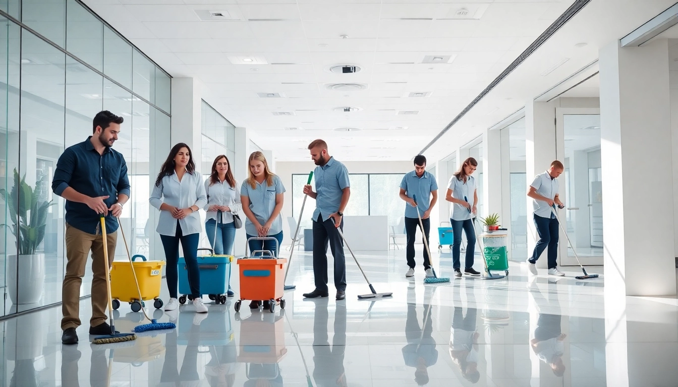 Gebäudereinigung in Berlin: Professionelles Reinigungsteam in modernem Büro.