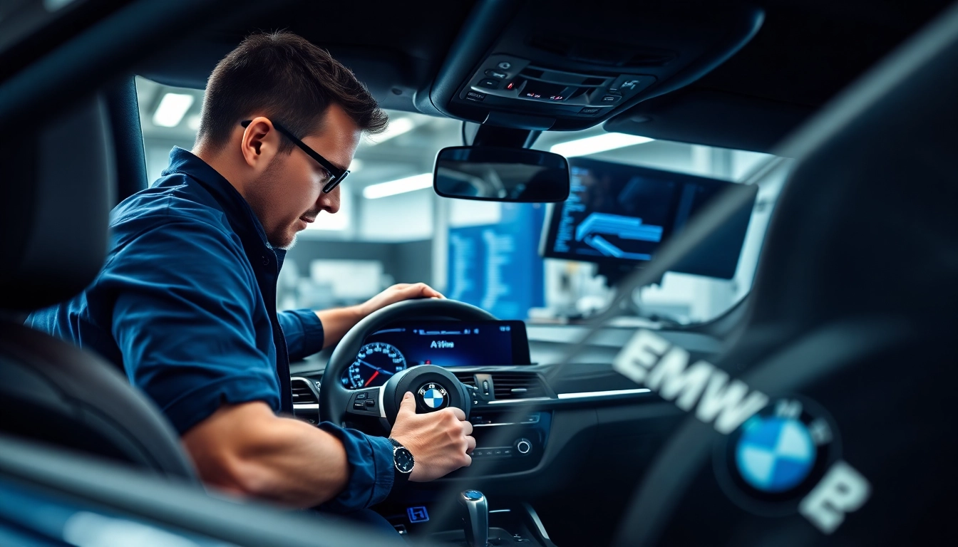BMW Codierung in action, technischer Mechaniker programmiert Fahrzeugdiagnose.