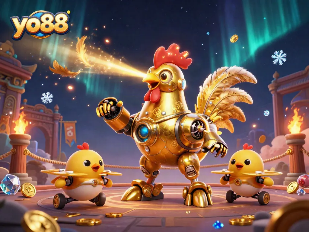 Engage in thrilling yo88 gameplay featuring a golden rooster robot and baby chick drones.