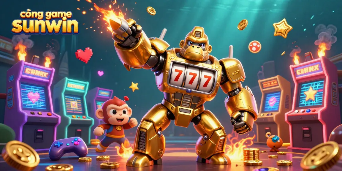 Engage with cổng game sunwin featuring a transformer-style golden gorilla mech surrounded by dynamic gaming elements.