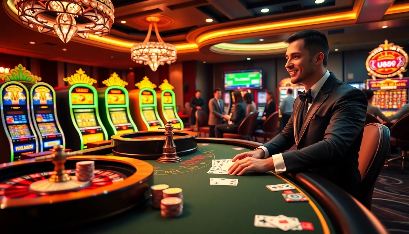 Experience the excitement of U888 U88 with vibrant casino scenes featuring poker and slot action.