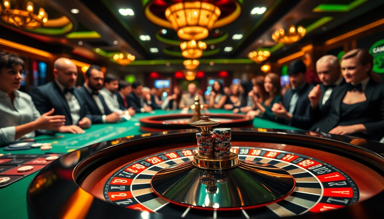 Casinospiele.de with an exciting roulette table and enthusiastic players in a vibrant casino setting.