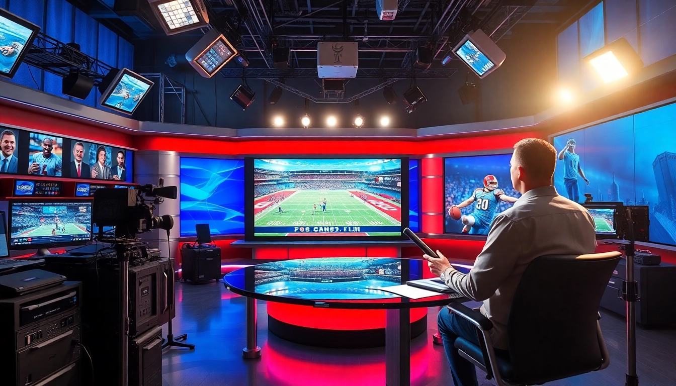 Experience engaging Sports Broadcasting in a modern studio setup with a vibrant atmosphere.